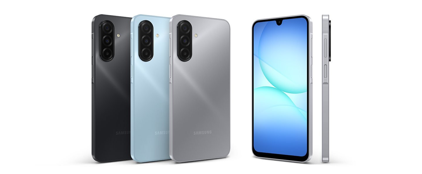 Galaxy A17 en negro, azul claro y gris